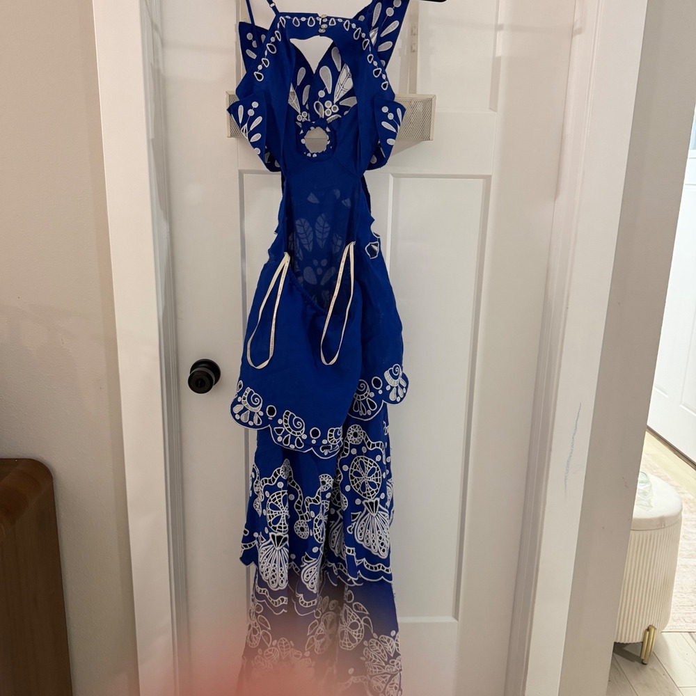 NWT Farm Rio Blue Flower Richelieu Linen Midi Dress Navy Blue XS Boho $398 - Picture 5 of 8